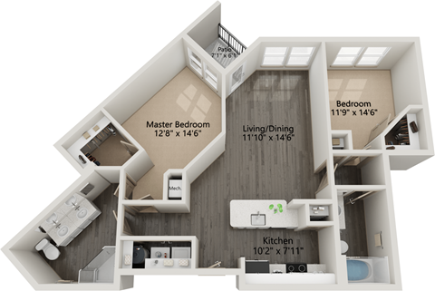Floor plan for 2 beds, 2 baths, 1057 sqft